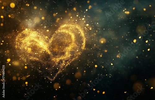 Glistening Heart Shape Made of Golden Sparkles on Dark Background.