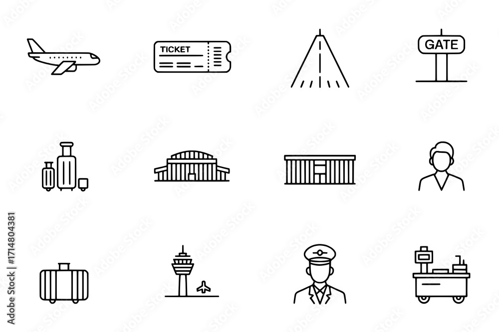 Fototapeta premium Twelve Airport Travel Icons: Airplane, Ticket, Runway, Gate, Luggage, Airport Building, Terminal, Staff, Suitcase, Control Tower, Pilot, Baggage Cart - Black Outline Style