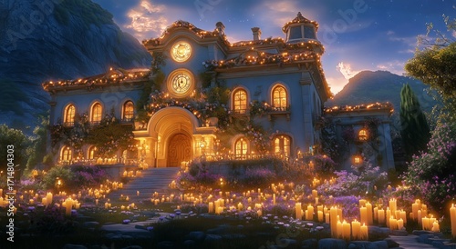 Candlelit Garden Surrounding a Cozy House at Sunset Near Mountains.