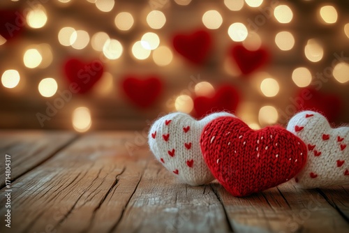 Decorative Knitted Hearts on Wooden Table With Blurred Background Lights for ...