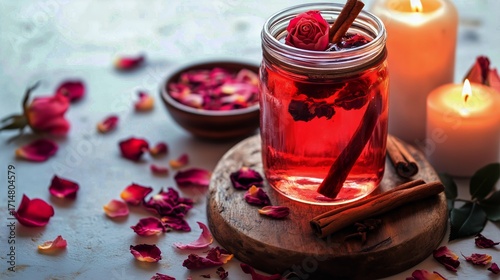 Rose and Cinnamon Drink in a Jar With Candles and Scattered Rose Petals