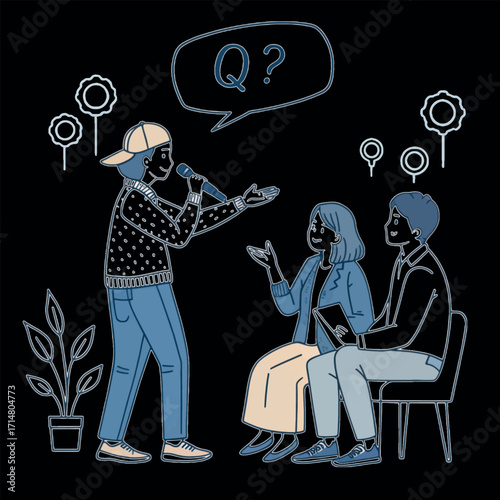 Speaking Illustration: A person with a microphone engaging an audience, encapsulated by a line art illustration against a plain dark background. It symbolizes communication, engagement.