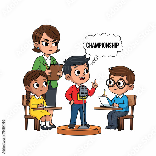 A teacher supervises a spelling bee competition with three young students participating, one speaking into a microphone.