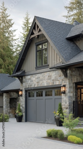 Elegant Stone House With Modern Design Set Against a Forest Backdrop in the L...