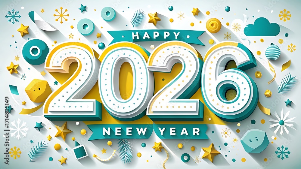 Fototapeta premium Happy new year 2026 greeting card with festive decoration isolated on white background