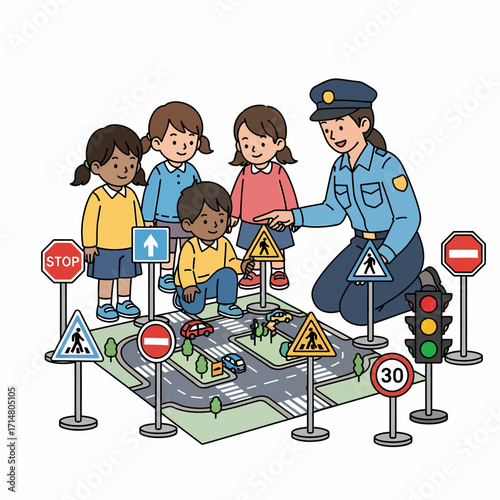 A female police officer teaches a diverse group of young children about road safety using a miniature street map and traffic signs.