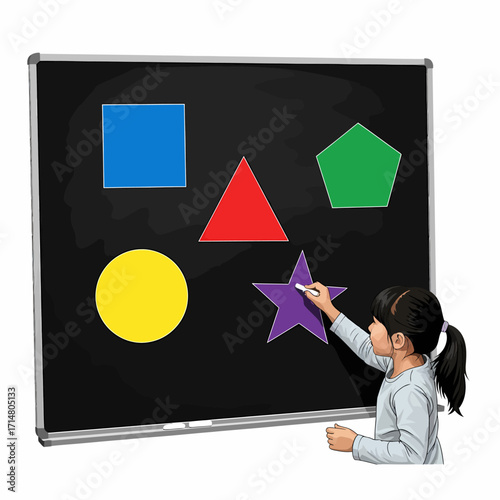 Young girl drawing a purple star on a blackboard with other colorful geometric shapes like a square, triangle, circle, and pentagon.