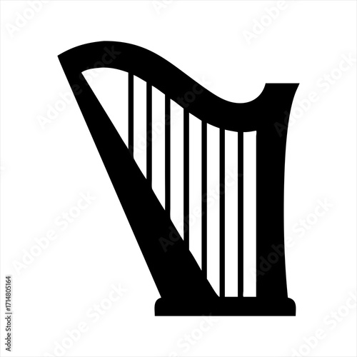 Black silhouette of a harp isolated on transparent background