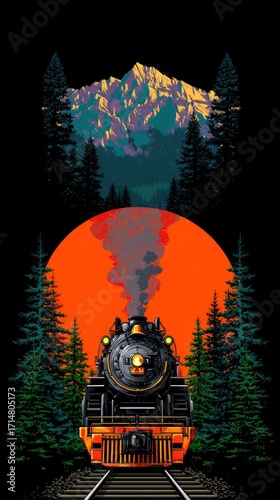 A powerful steam locomotive pulls through a dense forest landscape beneath a vibrant sunset.