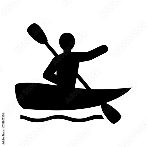 Black silhouette of a person kayaking with a paddle isolated on transparent background