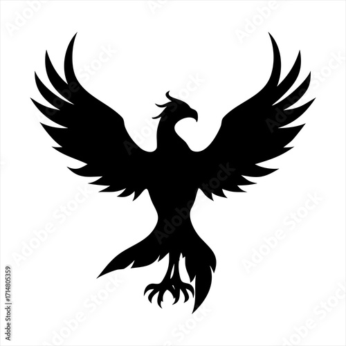 Black silhouette of a phoenix with wings spread isolated on transparent background