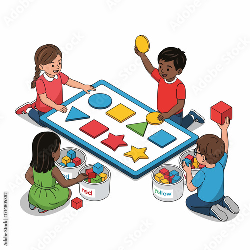 Four young children are sitting around a table, playing with colorful shape blocks and sorting them into buckets.
