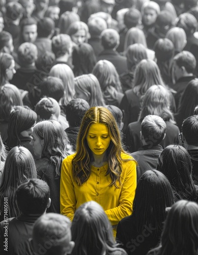 A solitary figure, a sad woman in a yellow top, is lost in a sea of monochrome people, illustrating feelings of alienation and being different