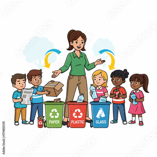 A teacher and diverse students learn about recycling by sorting paper, plastic, and glass into correct bins.
