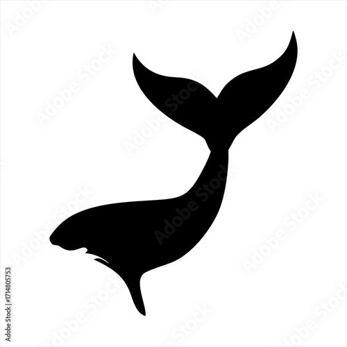 Black silhouette of a whale tail fluke isolated on transparent background