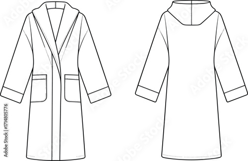 coat, robe, hooded, shawl, collar, pocket, long, sleeve, outerwear, loungewear, homewear, casual, warm, fashion, clothing, apparel, vector, design, sketch, illustration