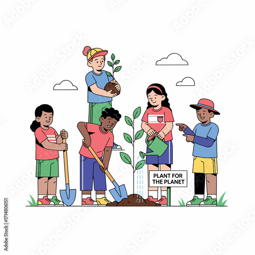 Children planting a tree together, promoting environmental awareness.