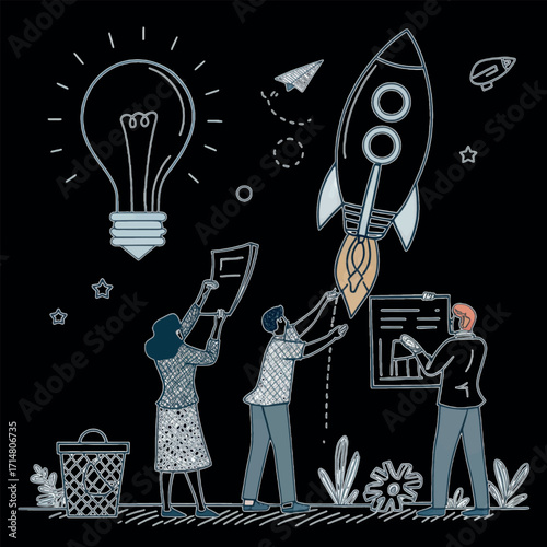 Launching Ideas: A dynamic illustration showing a team collaborating, bringing a rocket and lightbulb to life with data, ready to achieve business and technological innovation
