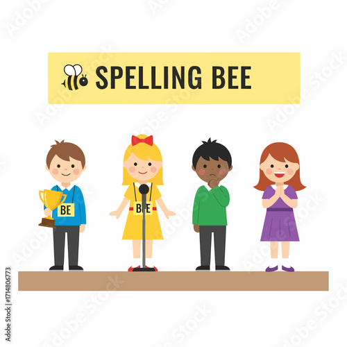 Four diverse children on a stage for a spelling bee competition, with one holding a trophy and another at a microphone.