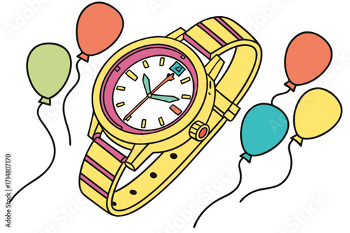Boldly outlined yellow cartoon wristwatch with pink bezel striped strap white dial and colorful hands.