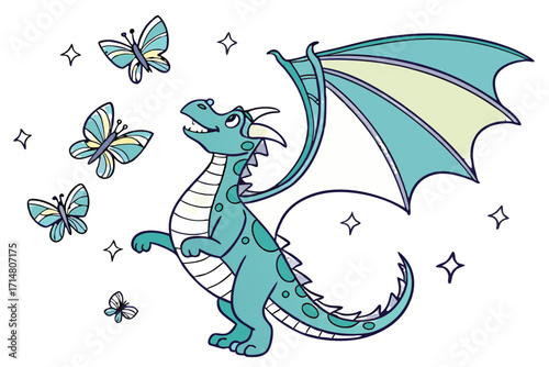 Adorable cartoon dragon standing on hind legs looking up with open mouth featuring tealgreen wings spotted body and spiky tail.