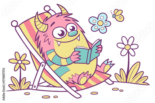 Adorable pink and yellow horned monster with striped limbs relaxing in a colorful deck chair reading a book.