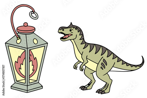 Cartoon Green Dinosaur with Dark Striped Back Open Mouth Sharp Teeth and Spiky Head Ridge.