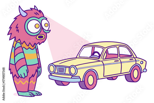 Cute cartoon pink furry monster with horns staring at a yellow vintage car with large eyes.
