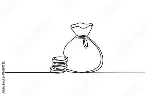 Money bag and stack of coins minimalist line art symbolizing wealth and financial success vector