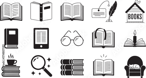 Hand-Drawn Line Icons of Books, Reading and Library Elements.