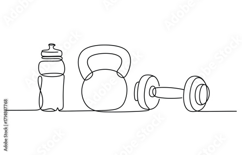 Dynamic workout gear set featuring dumbbell kettlebell and water bottle line art vector