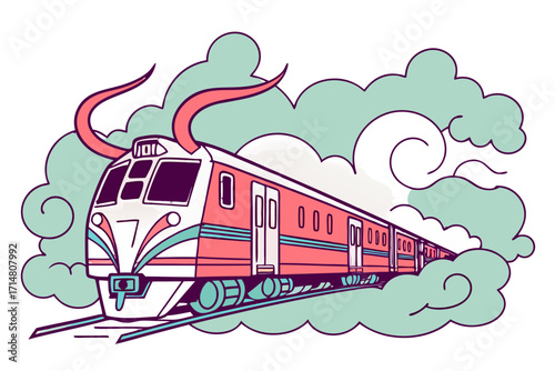 Stylized Pink and White Train with Unique Horns and Teal Accents Depicted Moving with Steam.