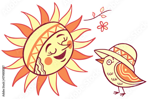 Stylized Smiling Sun with Orange Rays and a Chirping Bird in a Decorative Hat.