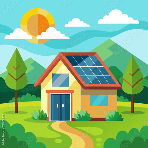 Eco-friendly house with solar panels illustration for sustainable energy and green living