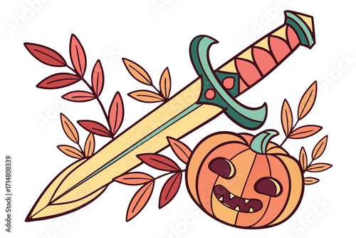 Vibrant Halloween sword with teal hilt twotoned grinning jackolantern and autumn leaves.