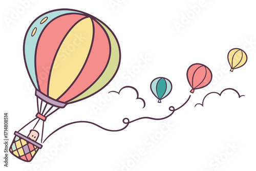 Whimsical hot air balloon illustration with a person in a checkered basket floating among pastel clouds.