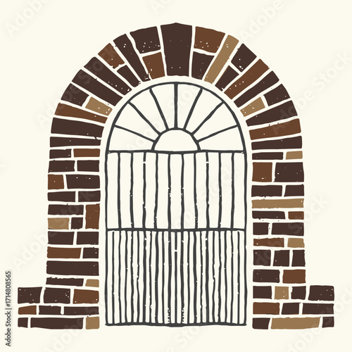 Brown stone archway with barred wooden gate, vector illustration
