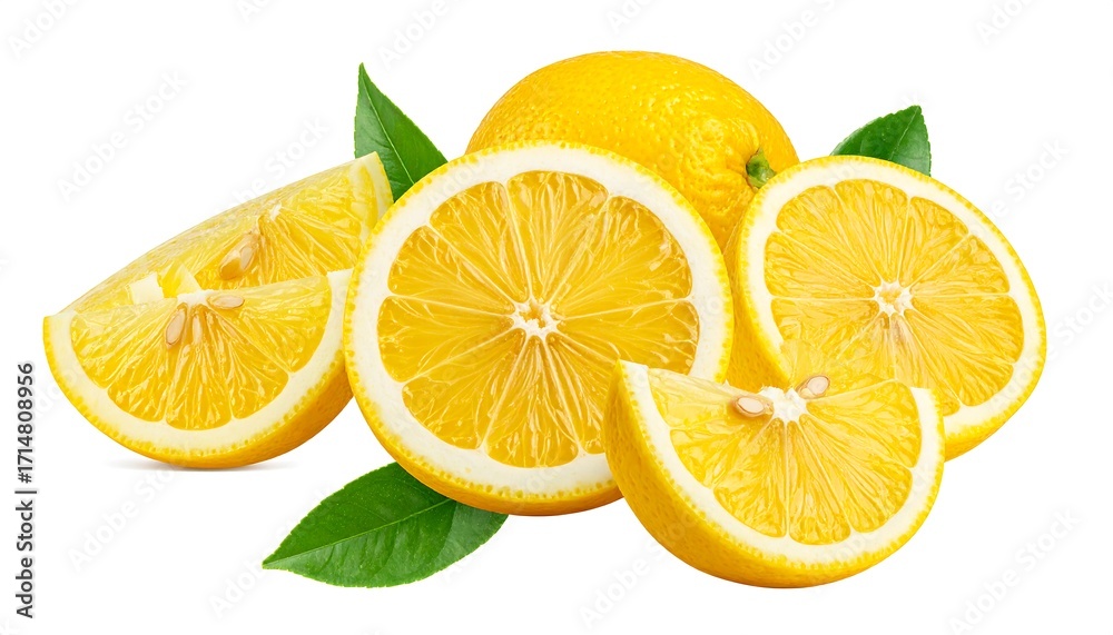 Fototapeta premium Fresh lemon slices and whole fruit, vibrant yellow tones, arranged against a pure white backdrop.