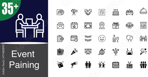 Diverse event planning icons collection featuring business meetings and celebrations