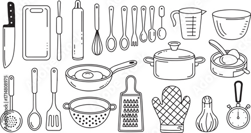 Hand-Drawn Line Icons of Kitchen Utensils and Cooking Tools.