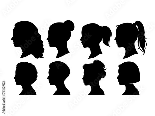Woman heads in profile. Beautiful female faces profiles, black silhouette outline avatars, anonymous portraits with hairstyle vector set
