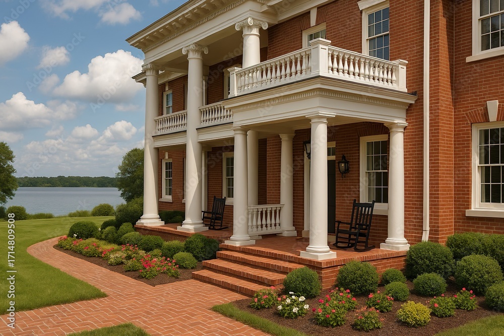 Obraz premium Elegant Colonial Style Brick House with White Columns and Manicured Garden