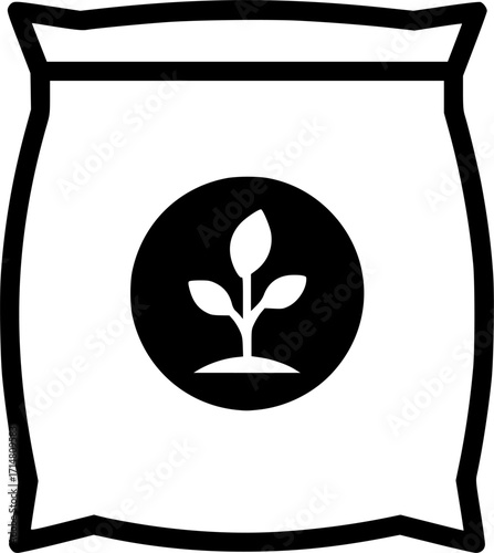 a black and white vector drawing of a fertilizer bag with a plant symbol in a circle, clean lines, minimalist style