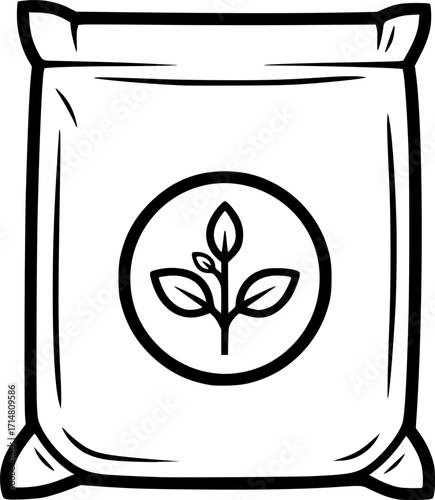 a black and white vector drawing of a fertilizer bag with a plant symbol in a circle, clean lines, minimalist style
