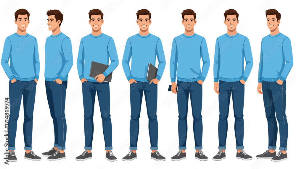Obraz premium Young man character set in casual clothes with different poses.