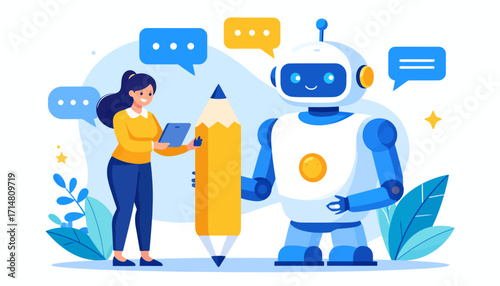 Woman and robot collaborating on a creative project using technology and artificial intelligence.