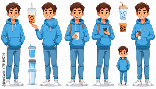 Young Boy Enjoying Bubble Tea and Mobile Phone.