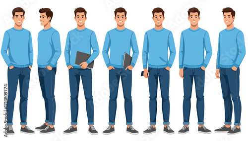 Young man character set in casual clothes with different poses.
