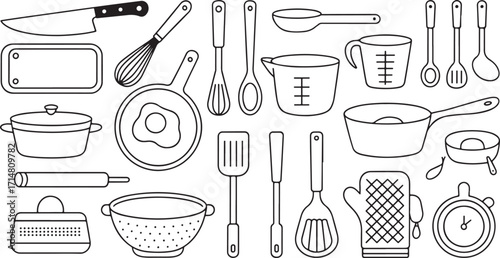 Hand-Drawn Line Icons of Kitchen Utensils and Cooking Tools.