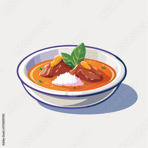 A modern flat vector illustration of Indonesian rendang beef curry served on a plate